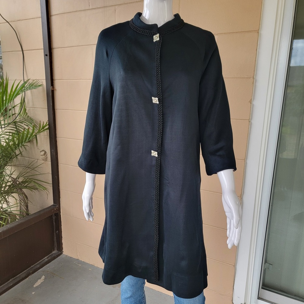 Florence VTG 60s Evening Coat Black Women M Handmade Rhinestone Soutache Chic
